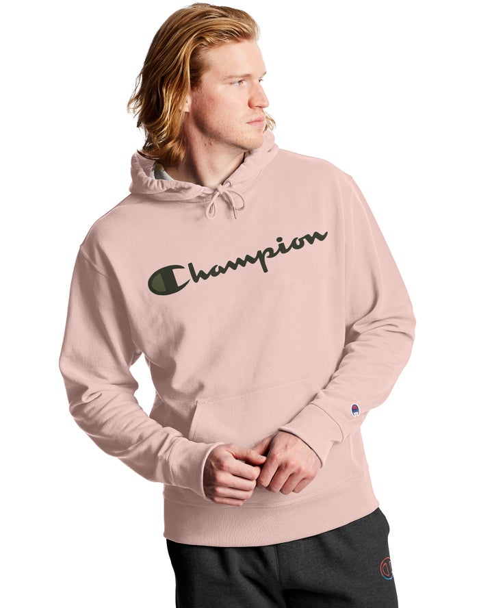 Champion Powerblend Fleece Script Logo Pink Hoodie Mens - South Africa URKPIV780